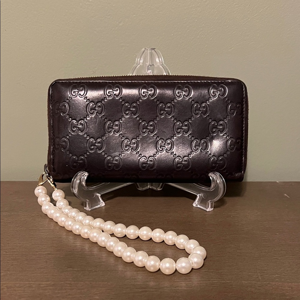 Gucci Dark Brown Guccisima Long Wallet with Faux Pearl Zipper Pull